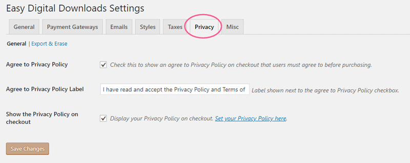 GDPR checkbox and Privacy Policy link on Easy Digital Downloads checkout page