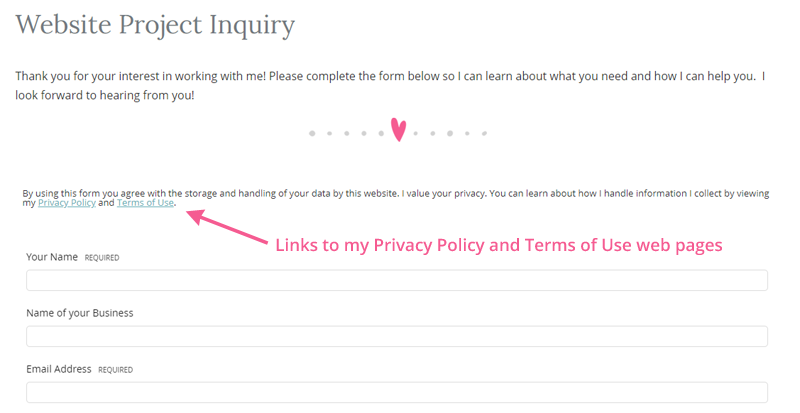Privacy Policy and Terms of Use links above embedded 17hats lead forms