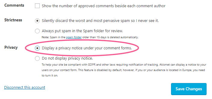 Akismet privacy notice in WordPress blog comments form