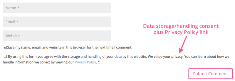 Data Storage and Handling Consent and Privacy Policy link in WordPress blog comments form