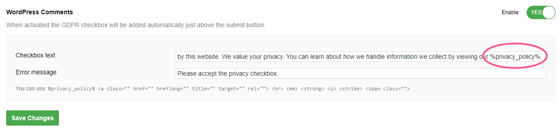 Linking to your Privacy Policy in your GDPR checkbox on WordPress blog comments forms