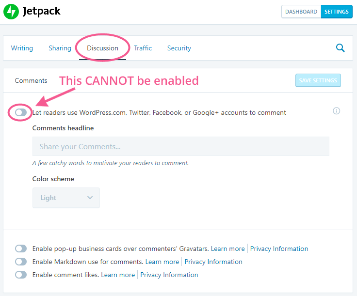 Jetpack Settings for Blog Comments