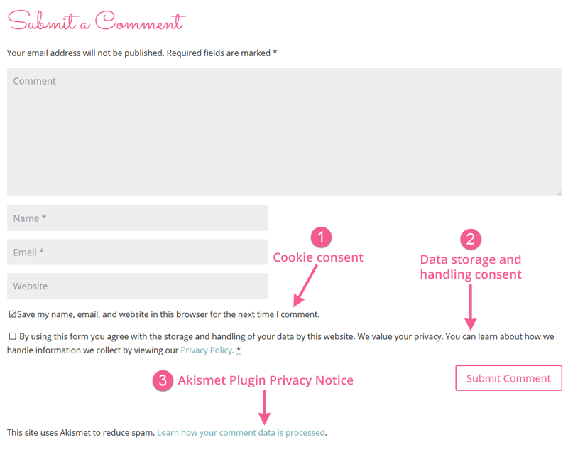 Cookie Consent, GDPR consent and Privacy Policy notices in WordPress Blog Comments Form